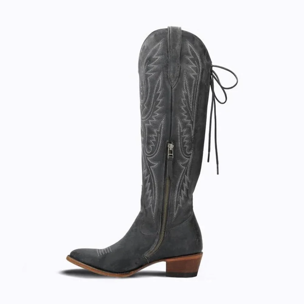 🆕Women Black Polyurethane Over the Knee Adjustable Thigh High Cowgirl Boot